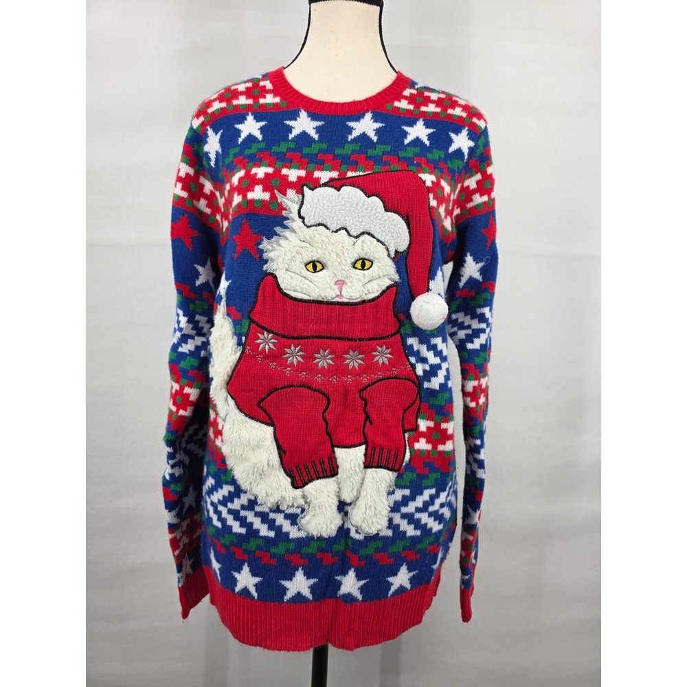 Jolly Sweaters Christmas Cat Santa Hat Fair Isle Knit Sweater Blue Red Small